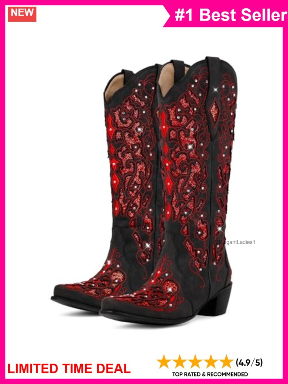 Rhinestone Cowboy Boots Women Mid Calf Chunky Heel Leather Pull-On Western - Picture 3 of 6